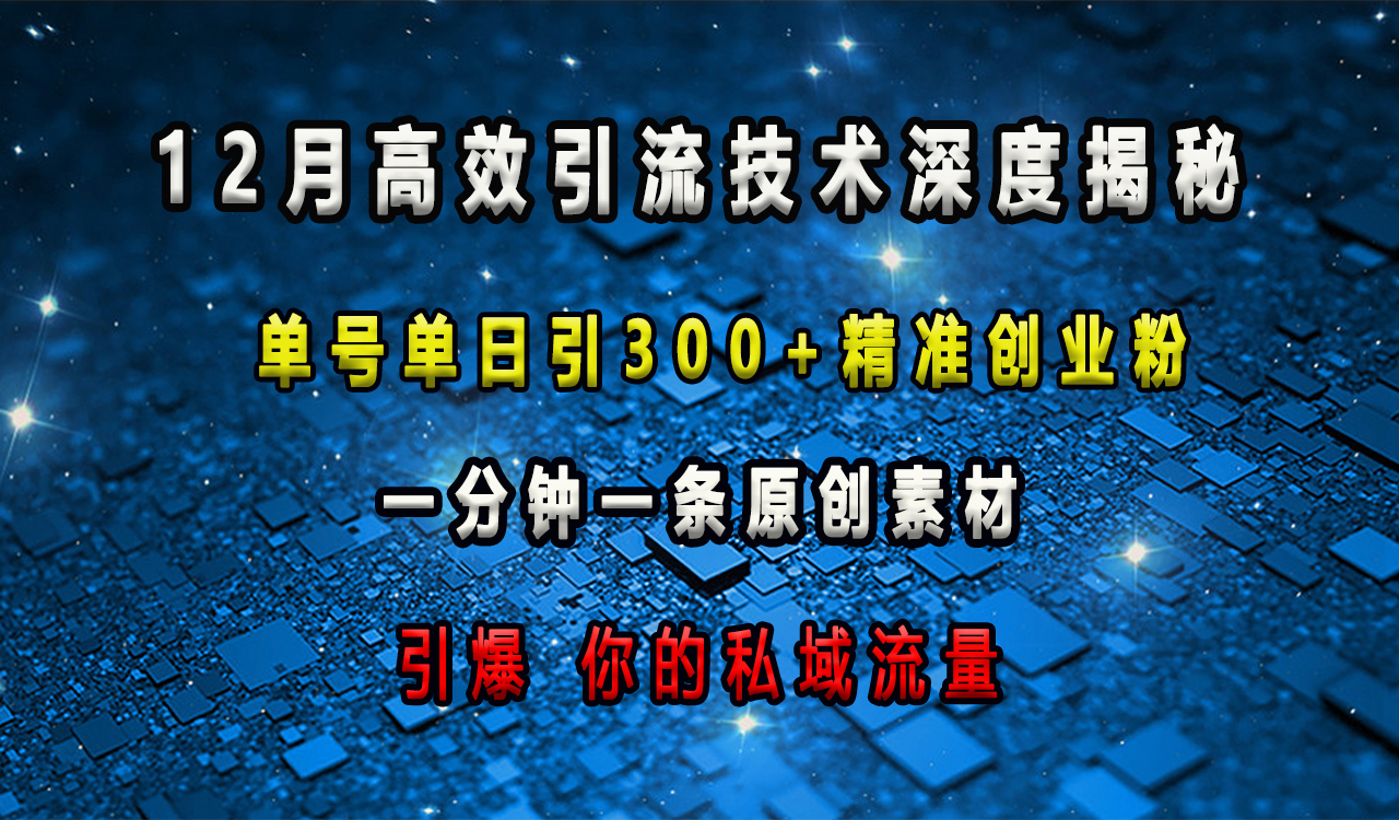 12月高效引流技术深度揭秘 ，单号单日引300+精准创业粉，一分钟一条原创素材，引爆你的私域流量-六道网创