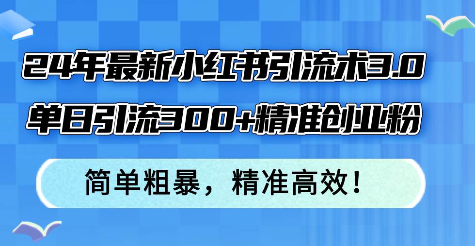 24年最新小红书引流术3.0，单日引流300+精准创业粉，简单粗暴，精准高效！-六道网创